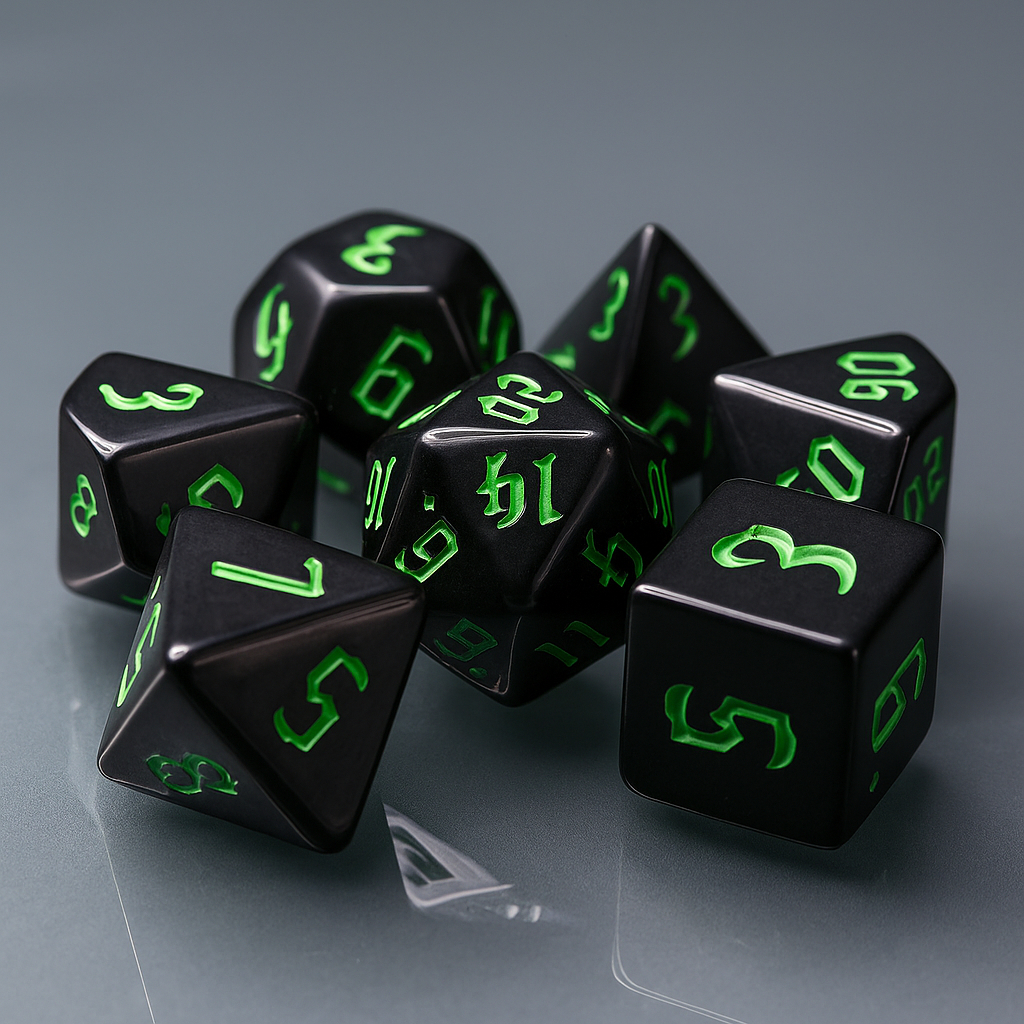 🎲 Black-Green font 🎲 Dice Set of 7 | ลูกเต๋า Dice For DnD D&D MTG RPG TRPG เกมกระดาน บอร์ดเกม Game ไพ่ทาโรต์ Magic เมจิก