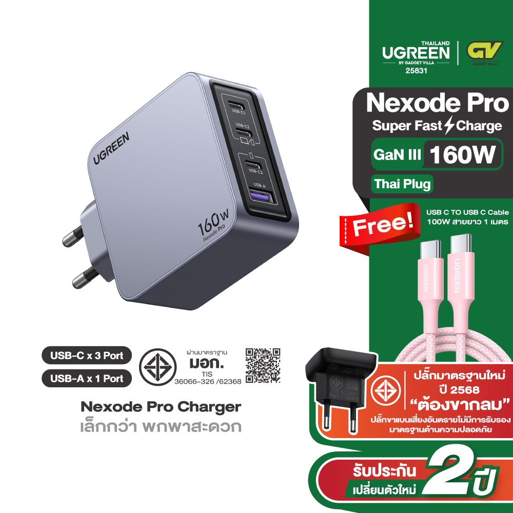 UGREEN Nexode Pro 100-160W 4-Port GaN อะแดปเตอร์ หัวชาร์จ Super Fast Charging 4in1