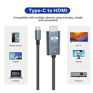 ตัวแปลงสายเคเบิล Type Cเป็น HD 4K 60Hz Type-C โทรศัพท์เป็น HDTV เข้ากันได้กับมือถือรุ่นใหม่ 2เมตร