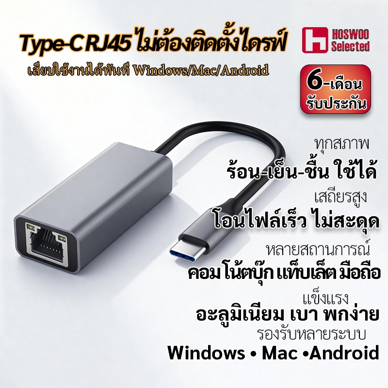 Type-C to RJ45การ์ดเครือข่าย 100M | ปลั๊กแอนด์เพลย์ ไม่ต้องลงไดร์เวอร์ | เสถียร เหมาะกับ Laptop / MacBook / Tablet