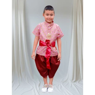 ชุดไทยเด็ก พิมพ์ทองไม่มีลาย(เชิงหน้าผ้า) เสื้อ โจงกระเบน สายรัดเอว