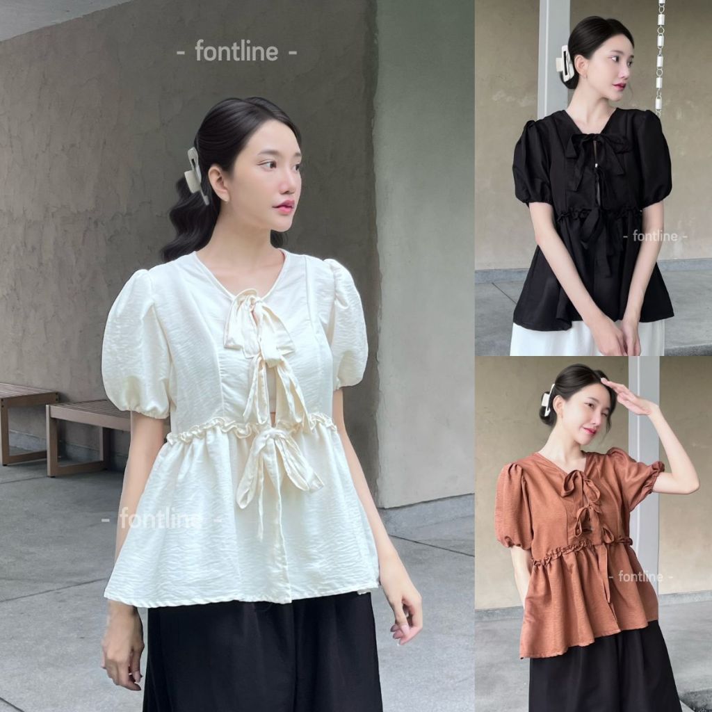 [เฉพาะเสื้อ] เสื้อเบลาส์ผูกโบว์ แขนจั๊มยางยืดใส่สบาย เนื้อผ้าไม่ต้องรีด นุ่มไม่ร้อน ดีเทลระบาย สไตล์มินิมอล (V80)