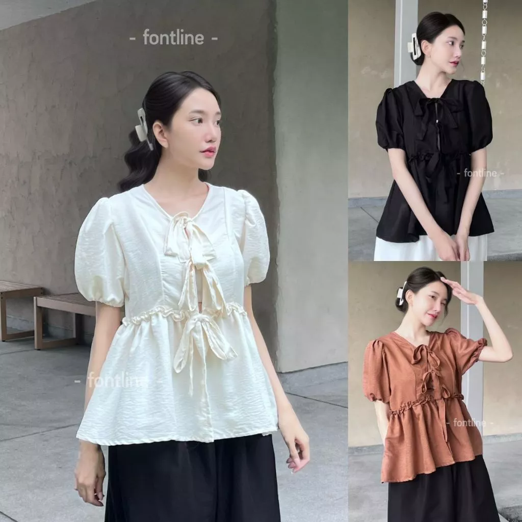 [เฉพาะเสื้อ] เสื้อเบลาส์ผูกโบว์ แขนจั๊มยางยืดใส่สบาย เนื้อผ้าไม่ต้องรีด นุ่มไม่ร้อน ดีเทลระบาย สไตล์มินิมอล (V80)