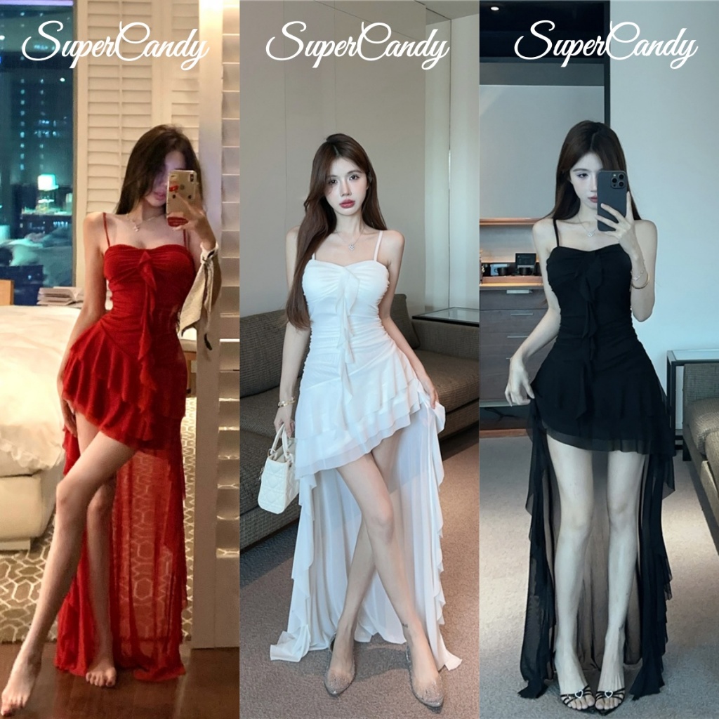SuperCandy🌷เดรสสายสะพายฝรั่งเศส ลายลูกไม้เซ็กซี่ ดีไซน์ไม่ซ้ำใคร ใส่กระชับสัดส่วน