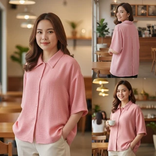 ใหม่.เสื้อเชิ้ตคอปกกระดุ่มผ่าหลัง Over Size หน้าผ้าอก 52 นิ้ว.เป็นผ้าโพลีเอสเตอร์ลายยีน