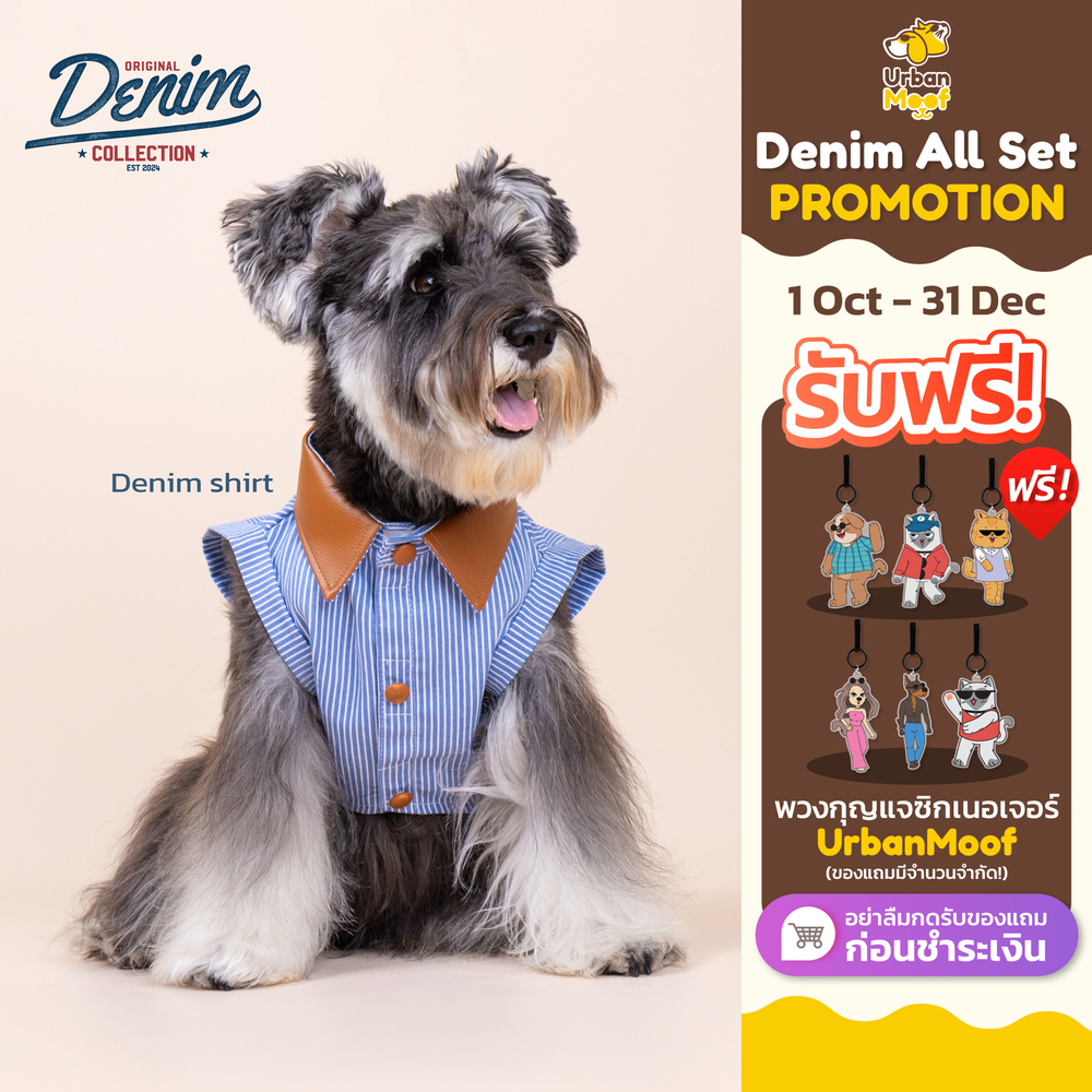 เสื้อเชิ้ตเดนิมปกหนัง Denim Collection ลายทาง (เฉพาะเสื้อ) เสื้อเชิ้ตสัตว์เลี้ยง | CLAWSET.BKK