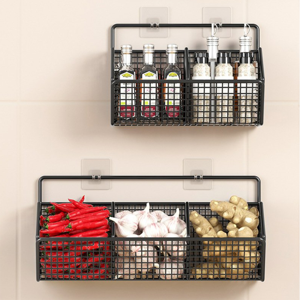 ตะกร้าเก็บ ห้องครัวที่เก็บผนังติดผนัง ชั้นวางเก็บเครื่องเทศ  เลือกใช้วัสดุคณภาพ ไม่ต้องเจาะรู เเบ่งช่องให้ 2ช่อง/3ช่อง