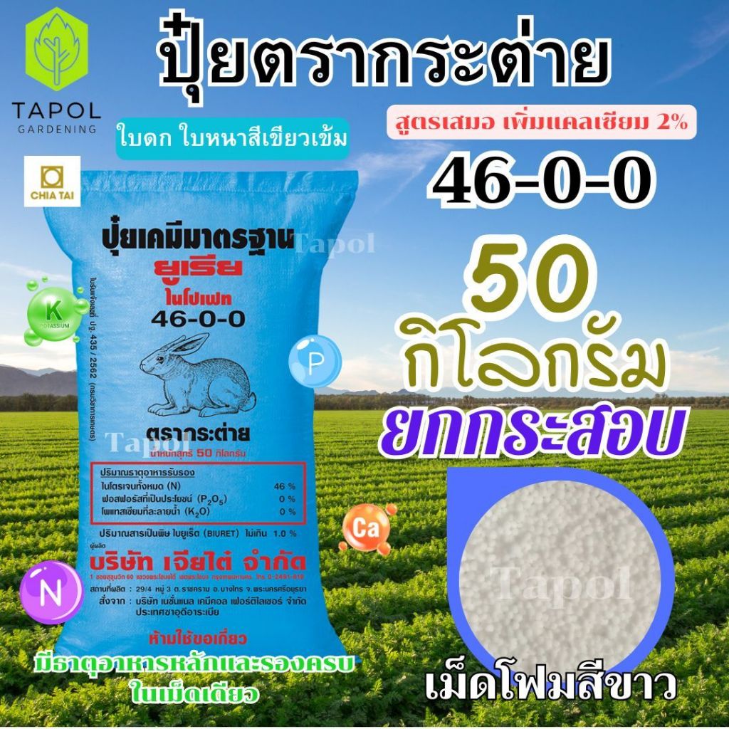 ปุ๋ยตรากระต่าย 46-0-0 ยกกระสอบ 50 กิโลกรัม สูตรสำหรับผักกินใบใช้ได้กับพืชทุกชนิด ทั้งนาข้าว พืชไร่ ไ