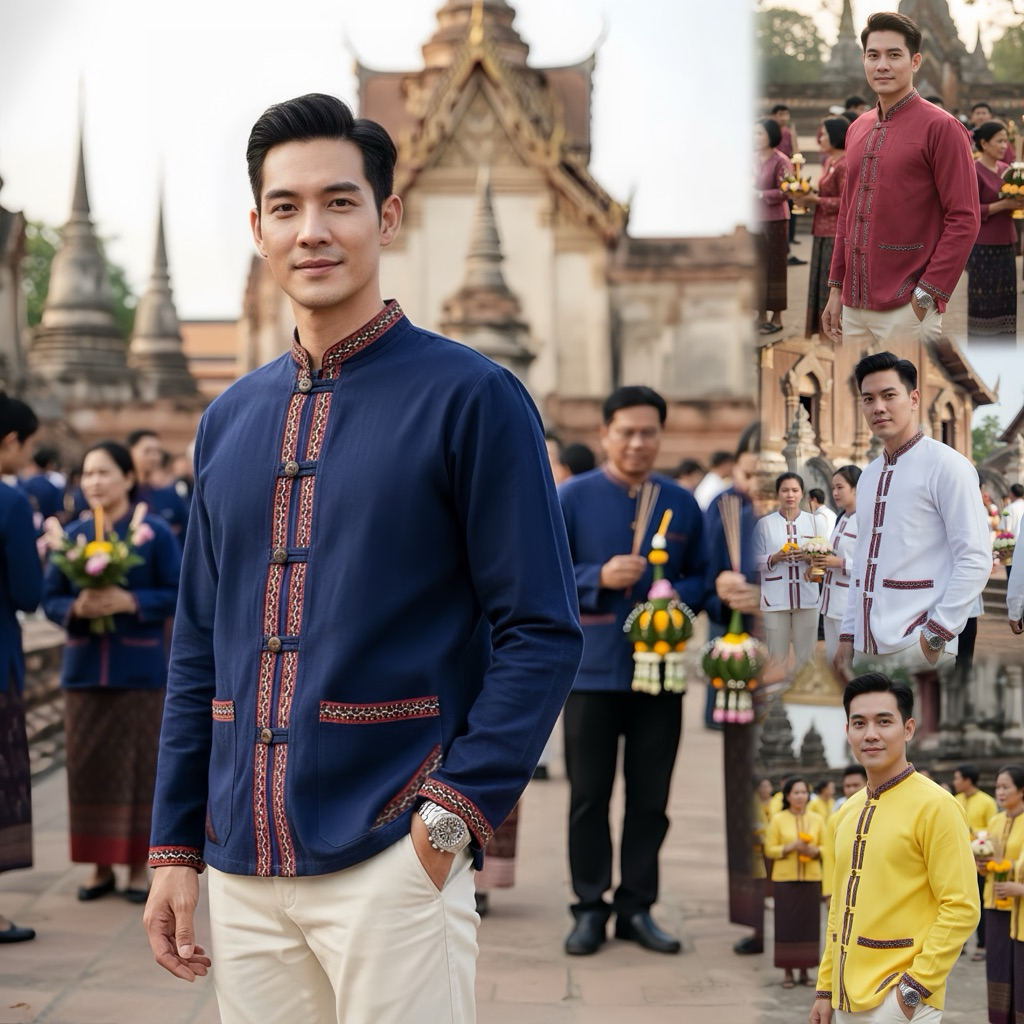เสื้อพื้นเมืองผู้ชาคอจีนแต่งแถบผ้าทอลาย แขนยาว
