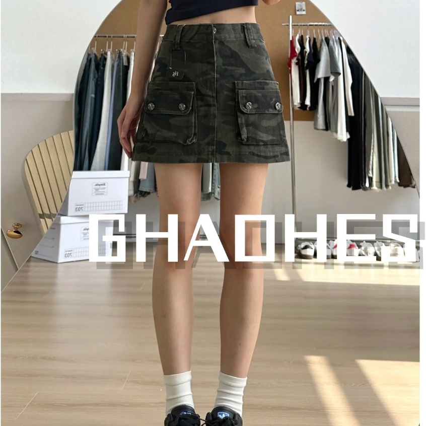 GHAOHES  สไตร์อเมริกันลายพรางคาร์โก้กระเป๋าเยอะ กระโปรงยีนส์ขาสั้นลำลองสาวฮอตแฟชั่น6635