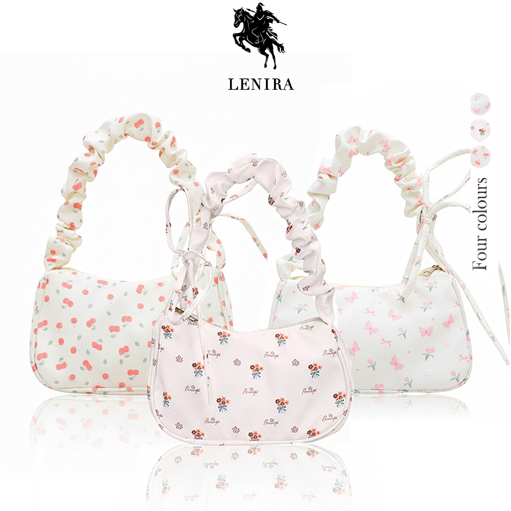 ส่งด่วน Lenira (B2219) กระเป๋าถือสะพายไหล่ลายดอกไม้ใบเล็ก ปรับสายย่นน่ารัก