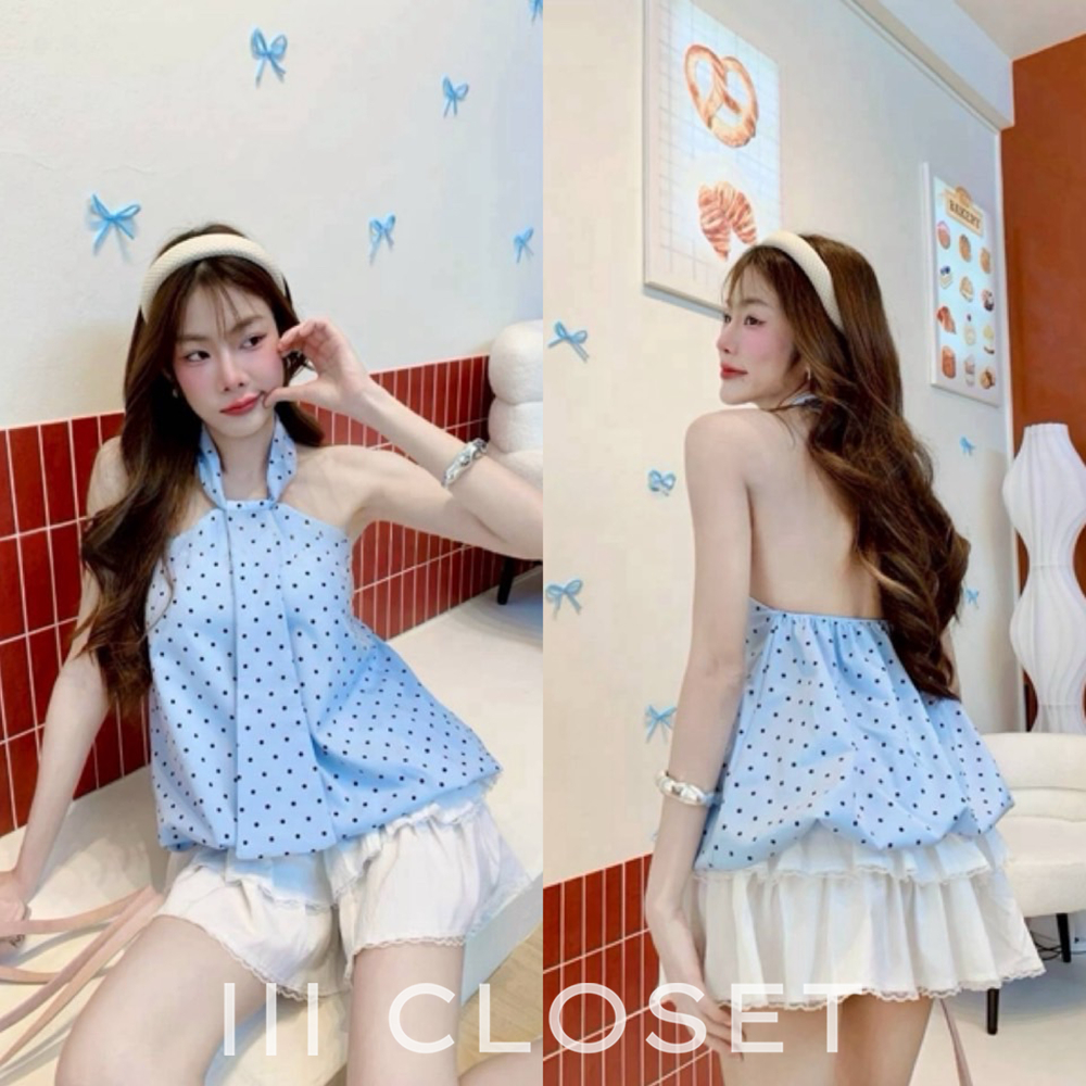 เสื้อกล้าม lll Freesize lll BA090 เสื้อคล้องคอ ทรงบอลลูน เนื้อผ้าไหมอิตาลีพิมพ์ลายจุด