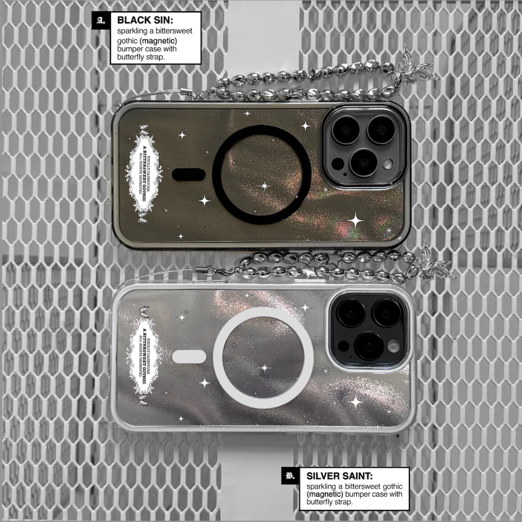HOLLY.CASESTORE: [DEFECT*] sparkling A BITTERSWEET GOTHIC 🧲🦋🖤 (ตำหนิเบา โปรดอ่านรายละเอียด👇🏻) เคส+สายคล้อง