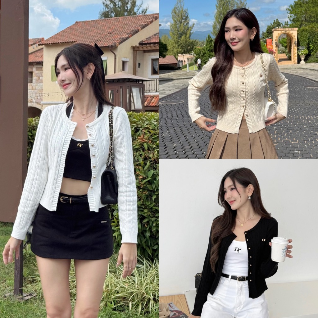 NICHARIS - เสื้อไหมพรมคอกลมถักลายแขนยาว รุ่น Jasmine Cardigan