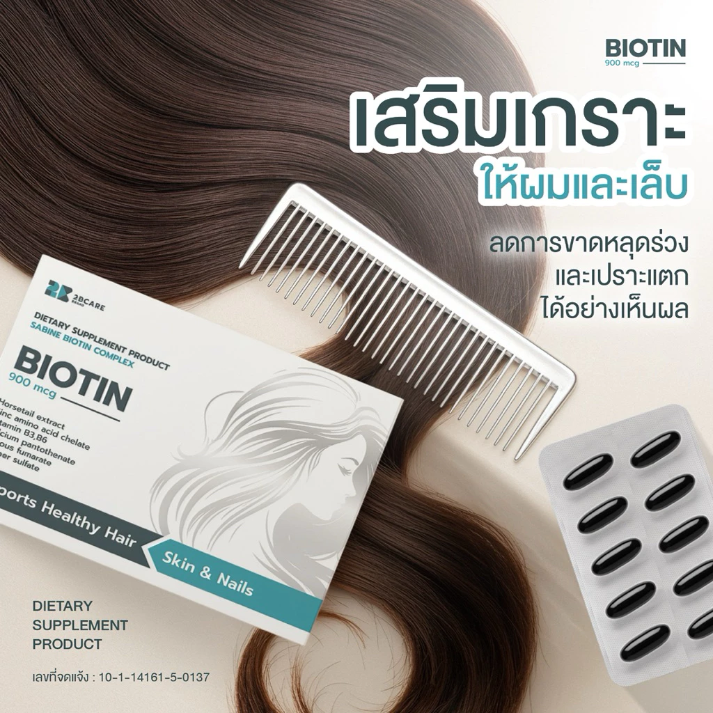 2BCARE SABINE BIOTIN COMPLEX วิตมินผมสวย  ไบโอติน900 mcg ช่วยบำรุงผม ผิว และเล็บ thumbnail 6