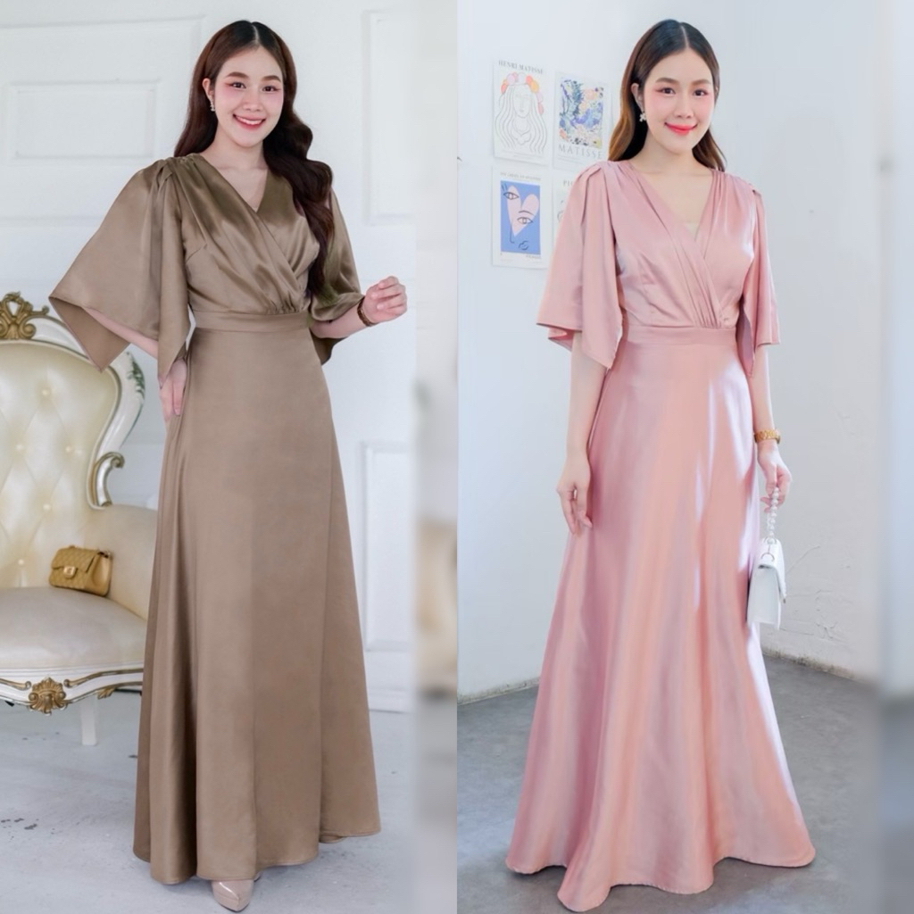 VO0295  คอวี แขนทรงระฆัง พรางแขน-สะโพก ชุดไปงานแต่ง ชุดออกงาน เดรสเพื่อนเจ้าสาว [LUXURY707]