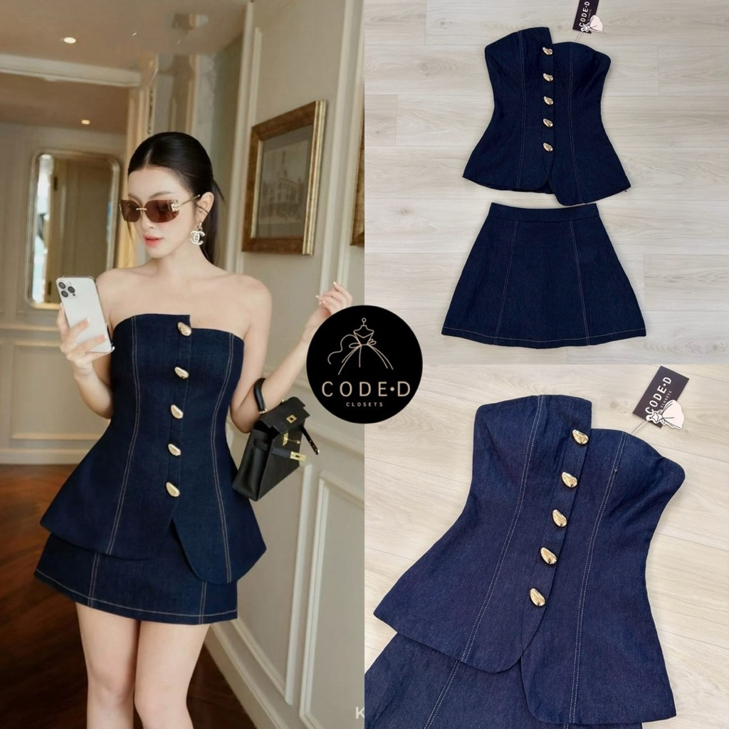 CODE-D CLOSETS Set 2 ชิ้น สีกรมผ้ายีนส์เนื้อนิ่มเสื้อเกาะอกดีเทลแต่งกระดุมทอง ตีเกล็ดหน้าและหลัง ดีไ