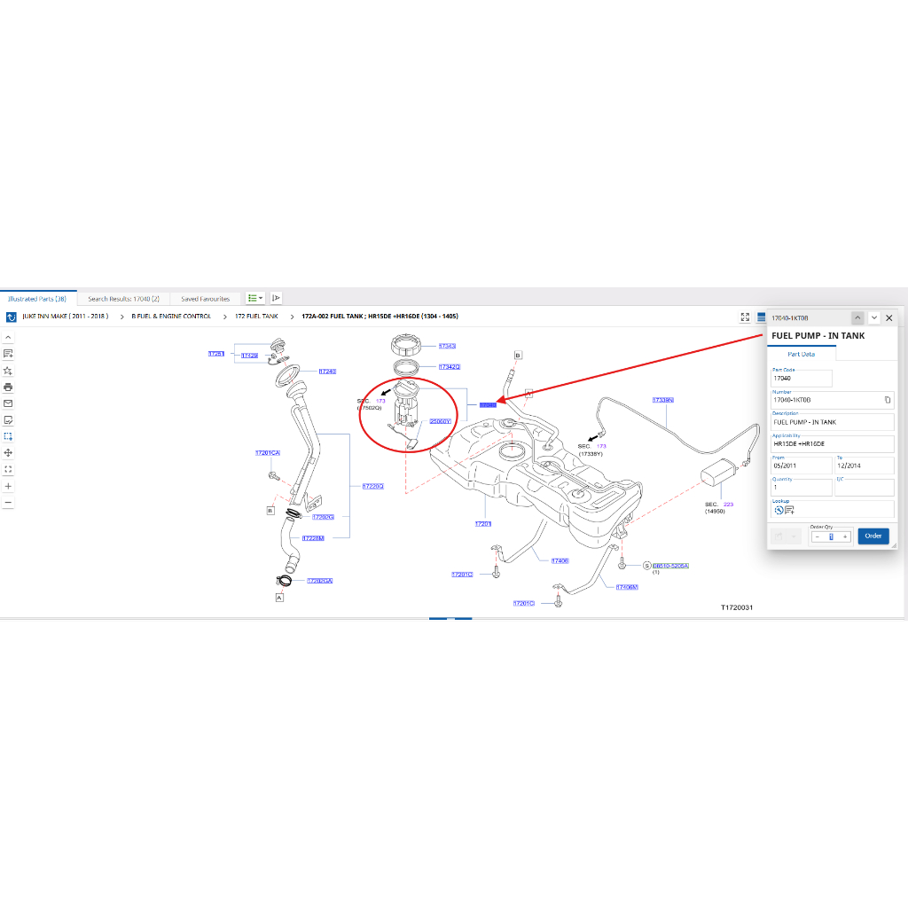 ปั๊มเชื้อเพลิง NISSAN JUKE F15N,HR16DE 17040-1KT0B (เป็นอะไหล่แท้ NISSAN)