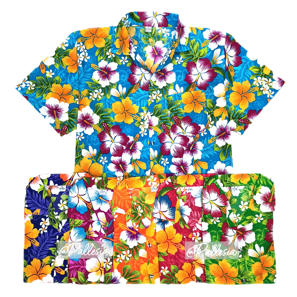 NEW เสื้อลายดอก 7ไซส์ S-4XL ลายชบาแซมใบเฟิร์น เสื้อสงกรานต์ Hawaiian Shirt HW308