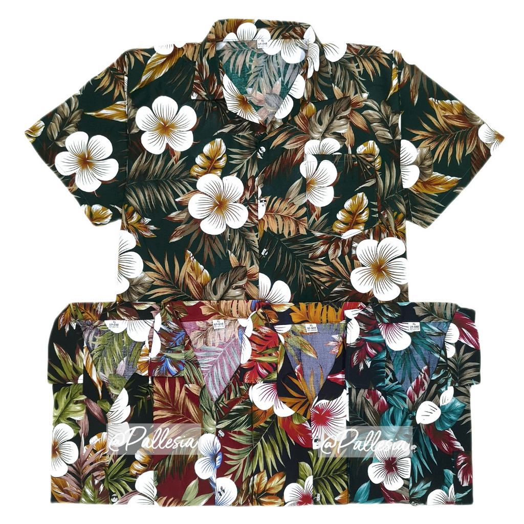 NEW เสื้อลายดอก โทนสีสุภาพ สีเข้ม 7ไซส์ S-4XL ลายดอกชบา แซมใบเฟิร์น เสื้อสงกรานต์ Hawaiian Shirt HW309