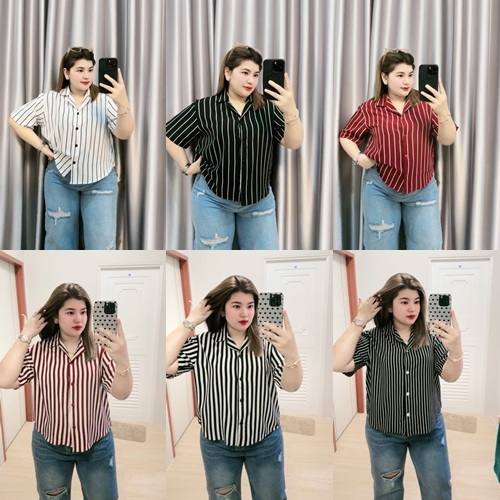 H118 เชิ้ตคอปกลายทางแขนสั้น อก 44"-48"-52"