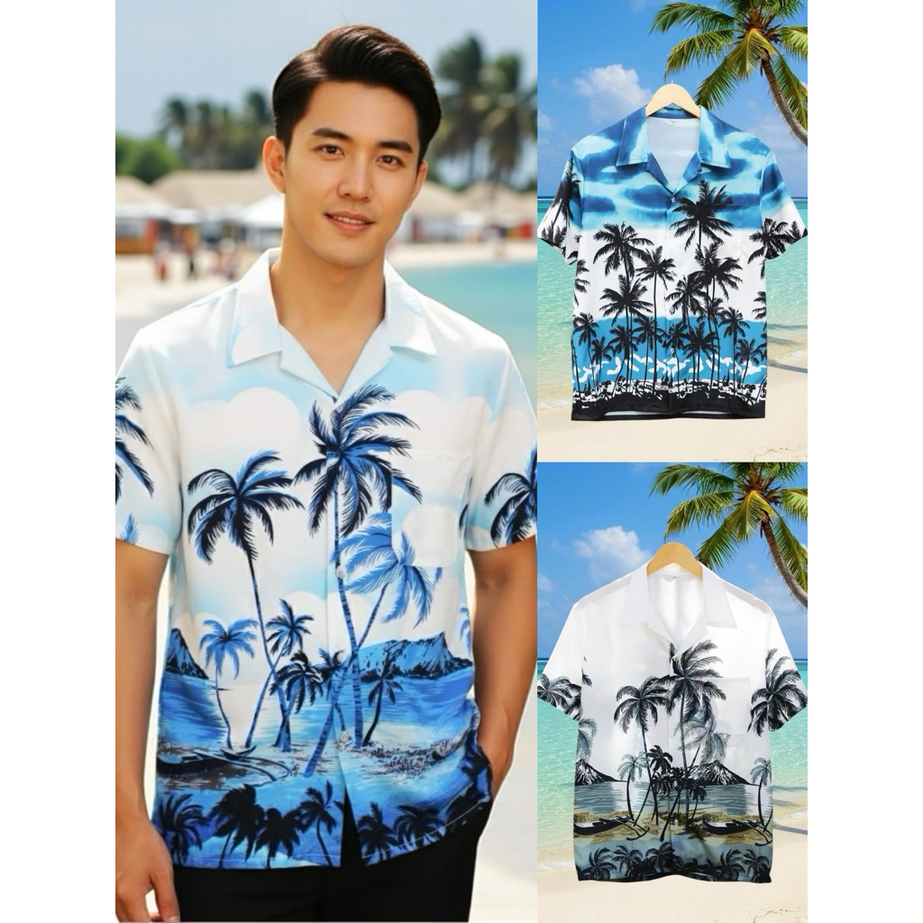 HAWAII SHIRTเสื้อเชิ้ตเสื้อฮาวาย ลายมะพร้าว ผ้าไหมอิตาลี ผ้านิ่มลื่นใส่สบาย พร้อมส่ง🌤️🌊🌴🐳(H1)
