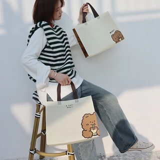 กระเป๋า ผ้าสปันด์บอนด์หนา เคลือบพิเศษ ลายหมี สีครีม พกพา ถือช๊อปปิ้ง ใส่ของใช้ต่างๆ พร้อมส่ง