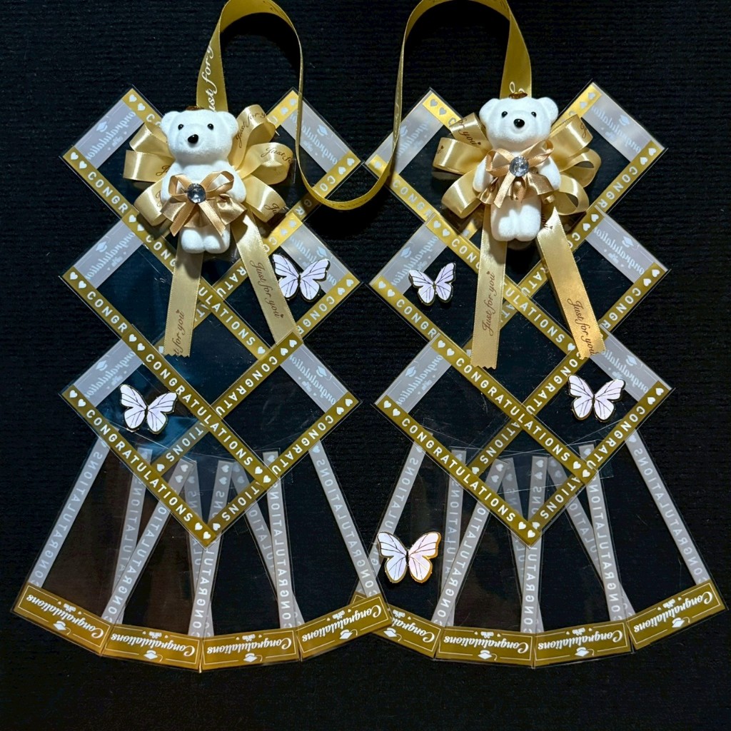 พวงมาลัยใส่ธนบัตร รูปหัวใจ+หาง ตุ๊กตาหมี ใส่ได้ 20 ใบ (ซองใส่ได้ทุกแบงค์) ของขวัญรับปริญญา ของขวัญปั