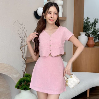 [S-3XL]ชุดเซ็ทผ้าทวิตเสื้อคอวีกระโปรงสั้นซิปหลัง