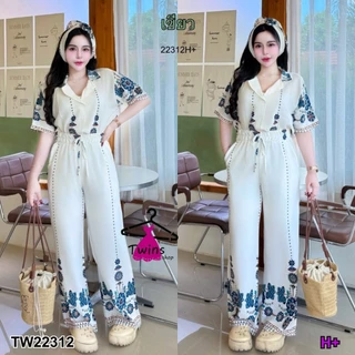 Set 3 ชิ้น เสื้อเชิ้ตกับกางเกงขายาว พิมพ์ลาย + สายผุกโบว์ TT22312