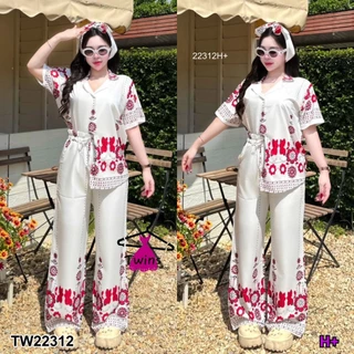 Set 3 ชิ้น เสื้อเชิ้ตกับกางเกงขายาว พิมพ์ลาย + สายผุกโบว์ TT22312
