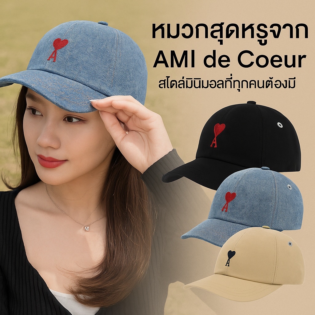 🇰🇷หมวก AMI PARIS de Coeur  cap  สีดำ ปักโลโก้หัวใจ หมวกแฟชั่นเกาหลี สไตล์มินิมอล ของแท้ 🇫🇷 preordero