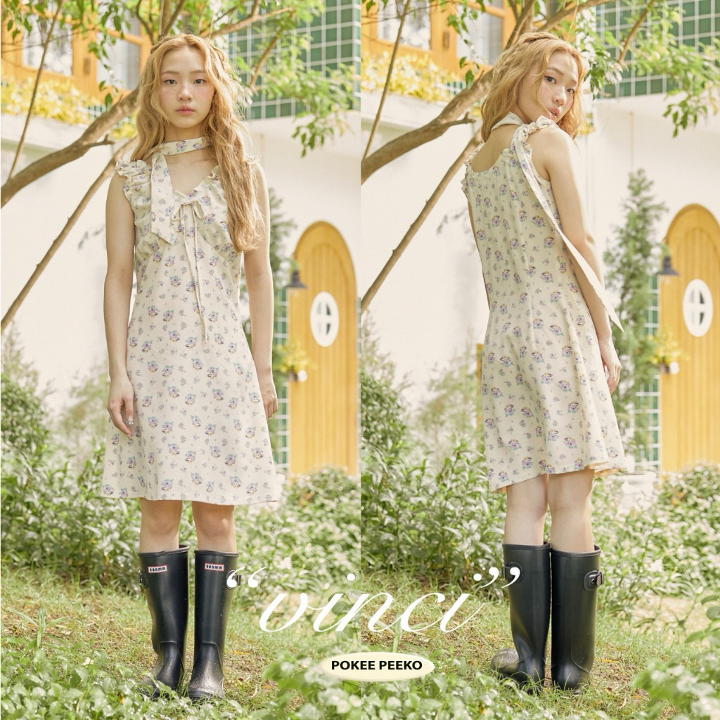 ส่งต่อ⭐️ เดรสแขนกุดลายดอกไม้ รุ่น Lolita *ไม่มีผ้าพันคอ* แบรนด์ pokee_peeko