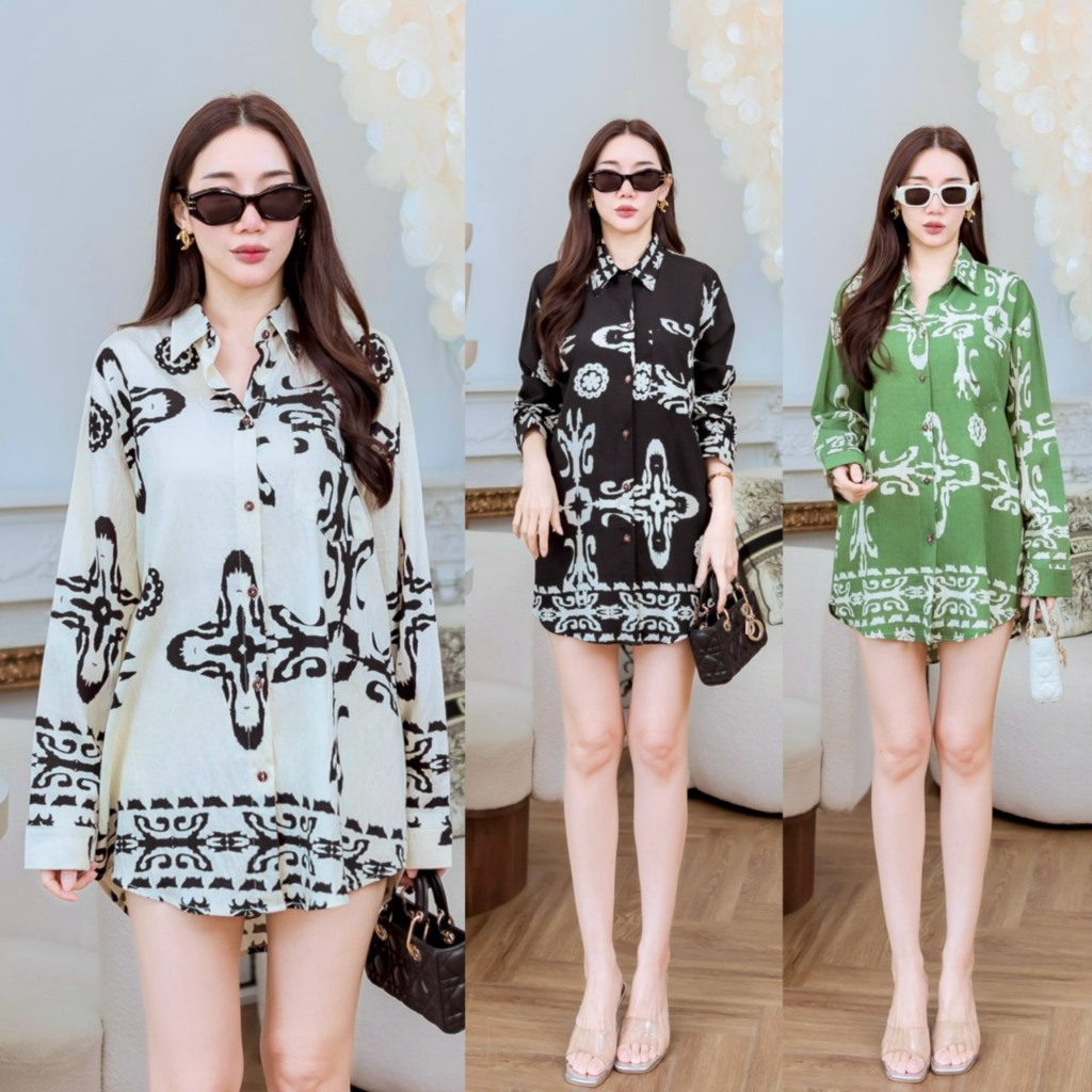 P1590 PrimmmStory เสื้อเชิ้ตแขนยาวโอเวอร์ไซส์พิมพ์ลาย