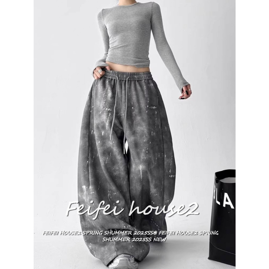 [Tie-dye drawstring wide-leg pants]กางเกงวอร์มมัดย้อมเอวสูงสไตล์อเมริกันย้อนยุคสำหรับผู้หญิง