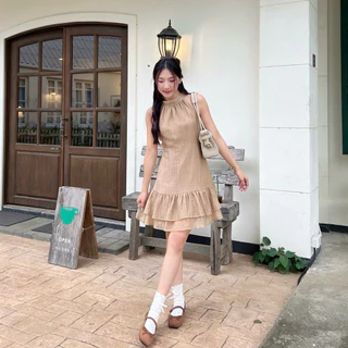 Cronie - Lora dress เดรสสั้นคอผูกด้านหลัง แต่งระบาย 2 ชั้น ซับในทั้งตัว ผ้าไม่ต้องรีด