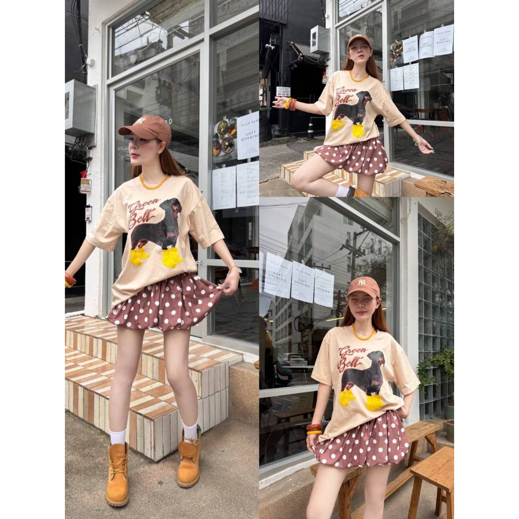 【NEW】 79926 set 2 ชิ้น เสื้อยืด คัตตอล 0versize กระโปรงบอลลูนซับในกางเกง