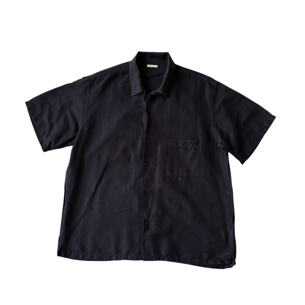 GU / short sleeve linen Shirt,navy