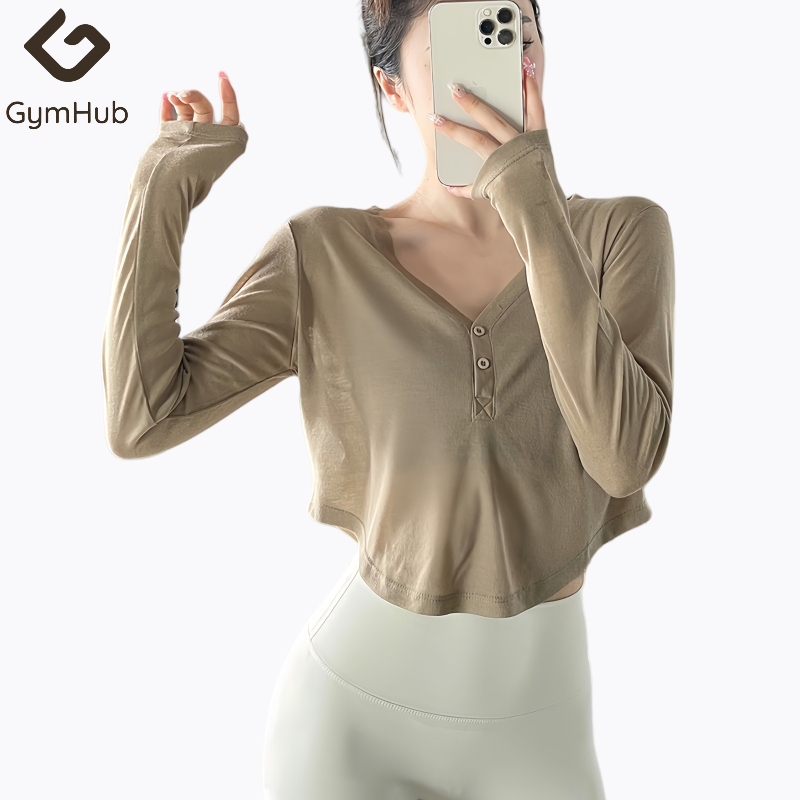 GymHub เสื้อเชิ้ตแขนยาวคอ V ขนาดใหญ่ เสื้อโยคะน้ําหนักเบา ระบายอากาศได้ และแห้งเร็ว