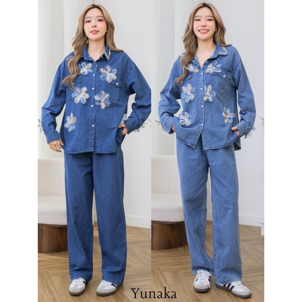 ES1103 เสื้อเชิตยีนคอปกงานปัก 3 มิติ ดอกไม้