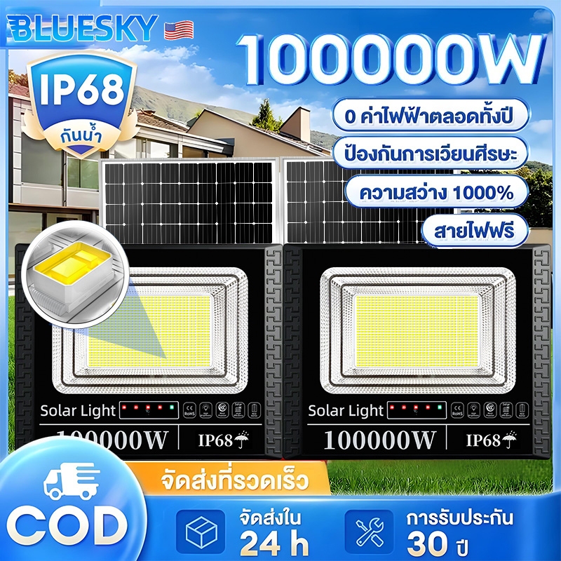 Bluesky [ซื้อ 1 แถม 1] ไฟโซล่าเซลล์ 100000W วัตต์ โซล่าเซลล์ แสงสีขาว กันน้ำและกันฟ้าผ่า IP68 ไฟโซล่าเซลล์สำหรับกลางแจ้ง