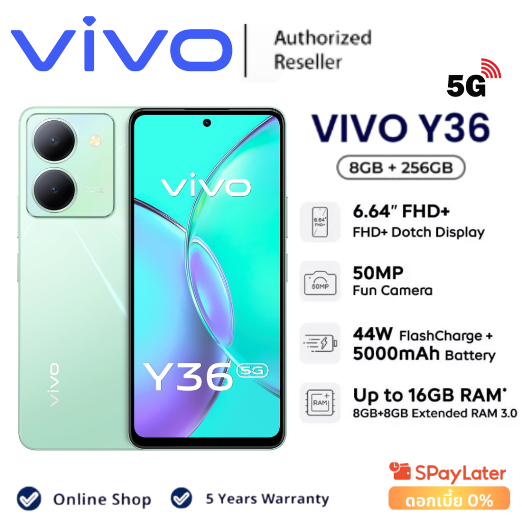 โทรศัพท์ 5G Vivo Y35/Y36 [8GB+256GB] ชิปเซ็ต IPS LCD 6.64 นิ้ว แบต 5000mAh ชาร์จเร็ว