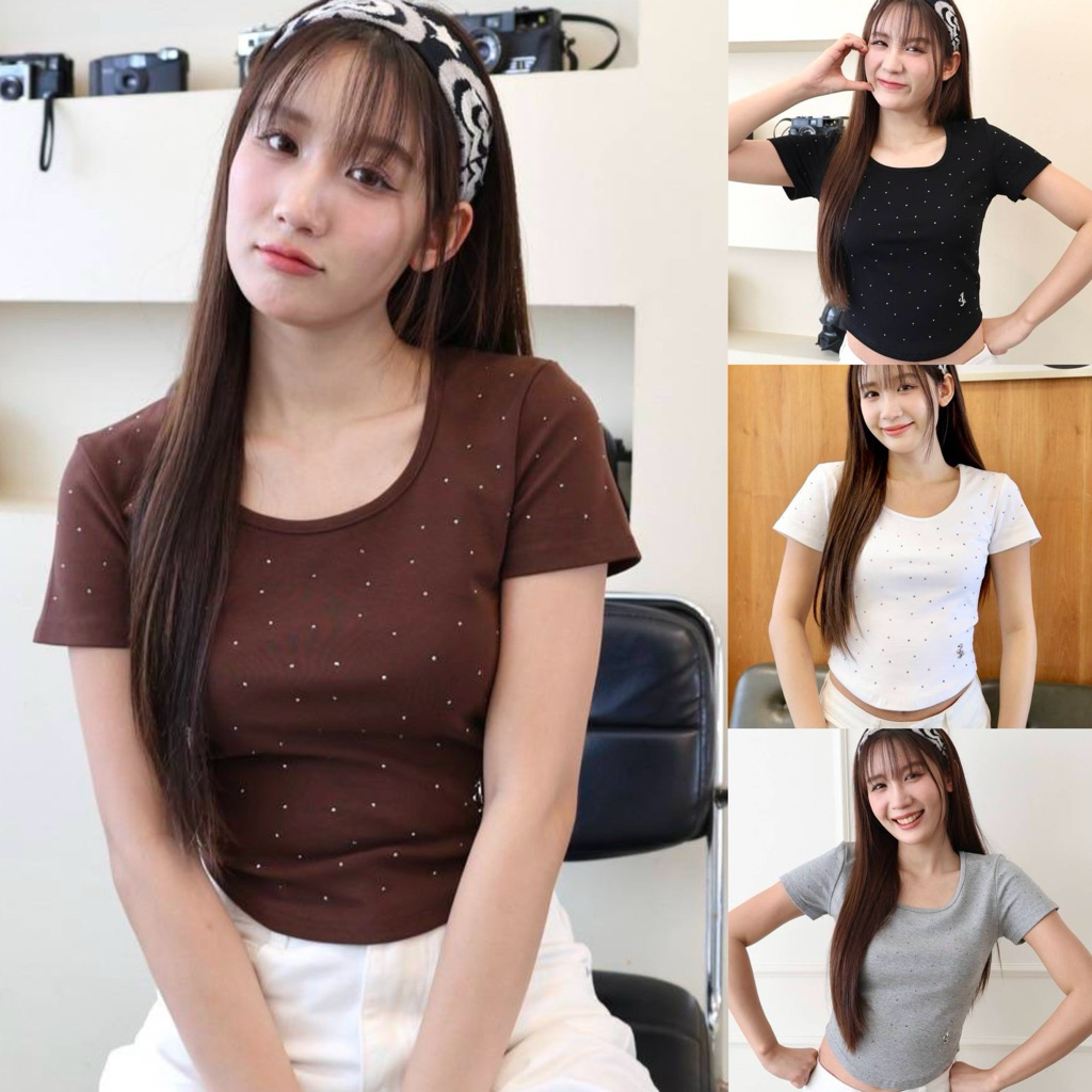 JARINYA (877)เสื้อทรงครอปโค้ง รับกับรูปร่าง ใส่แล้วดูเพรียว ปักเพชรทั้งตัว ✨