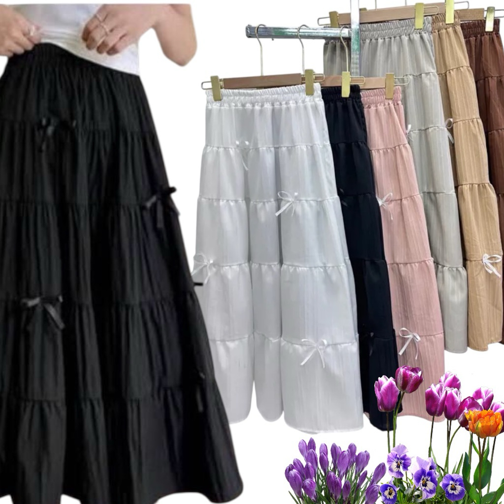 กระโปรงยาวโบว์น่ารักสาวสวยน่ารักแบบคุณหนูต้องมีผ้าด๊อบบี้ยาว34“