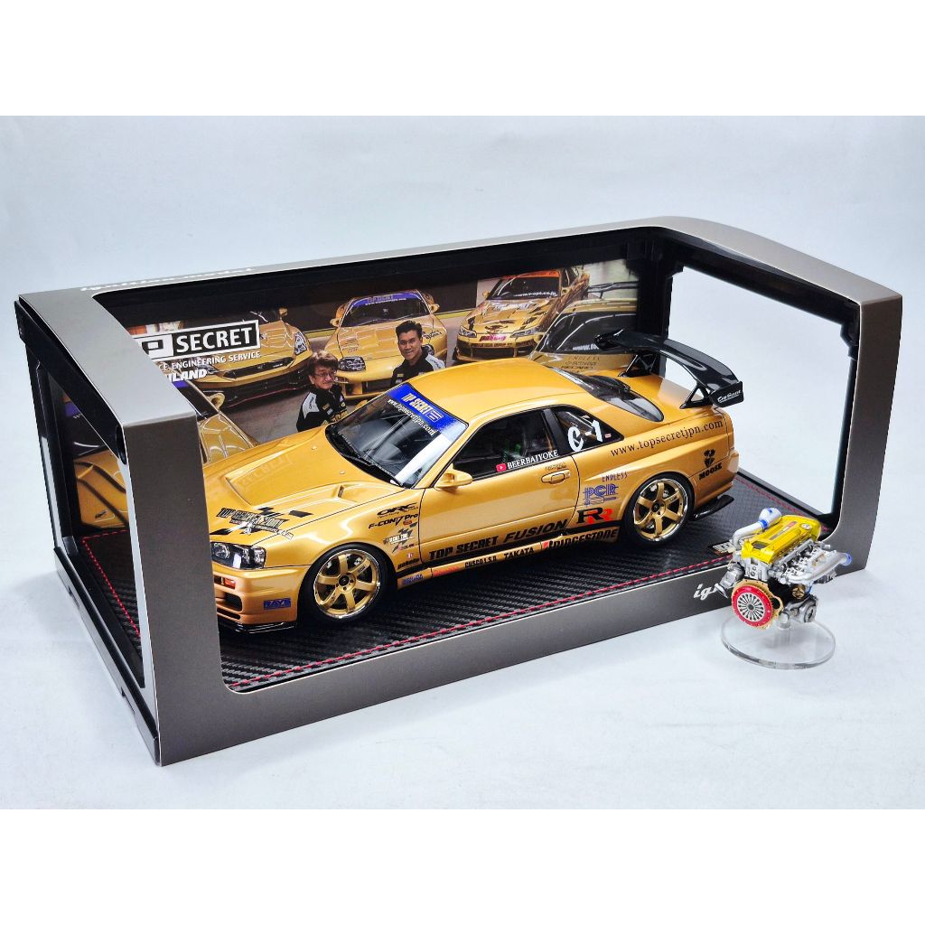 TOP SECRET 34GT-R (BNR34) Gold Edition + RB26 Engine Limited Collectible 1:18 (Ignition Model) #ท้ายใบหยก