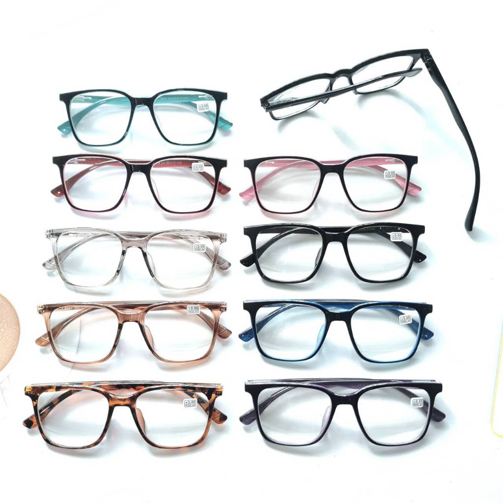 ขายยกค่าสายตาเบอร์หละ 5 ชิ้นคละสี มี+100ถึง+300แว่นสายตายาวขาสปริง อ่านหนังสือ ขาพลาสติก ทรงเหลี่ยม กรอบพลาสติก รุ่น014