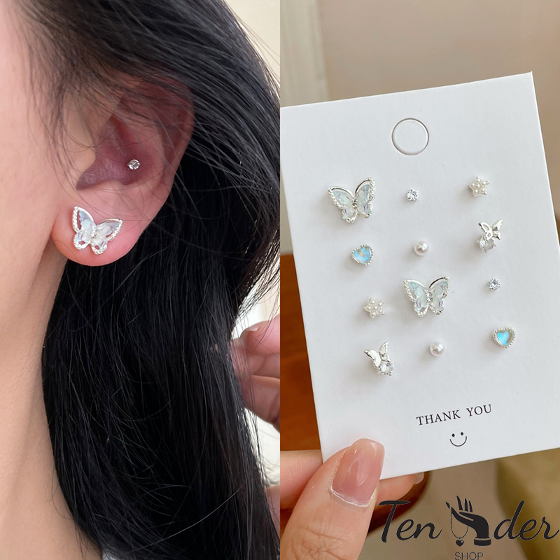 COD-ส่งเร็วจากไทย🎀6 คู่ ต่างหูสตั๊ดS925หลากสีประดับโบว์ดอกไม้หัวใจ สไตล์หรูหราแสง ไม่ทําให้แพ้ง่าย สำหรับผู้หญิง-Ten