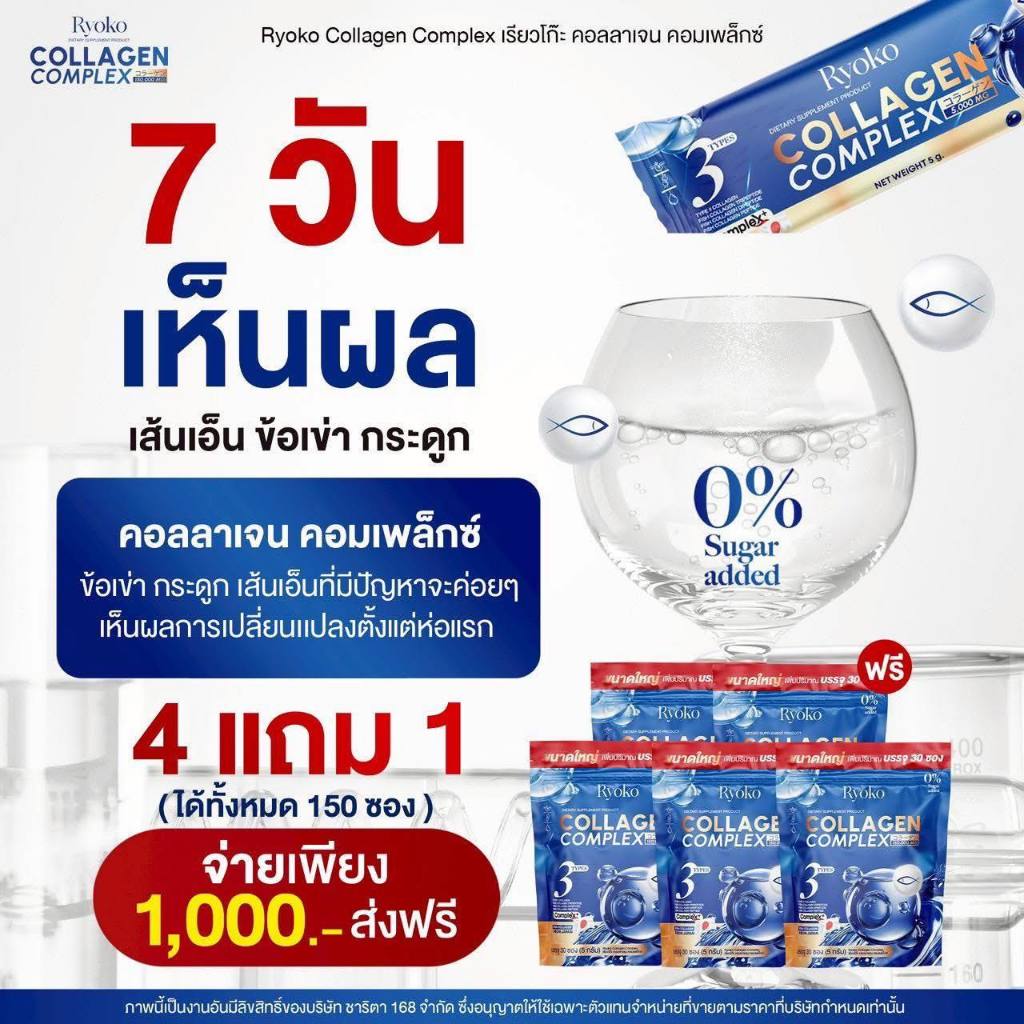 4 แถม 1 Ryoko Collagen Complex เรียวโก๊ะ คอลลาเจนเพียว คอลลาเจนบำรุงข้อ เข่า กระดูก ผิว ผม เล็บ