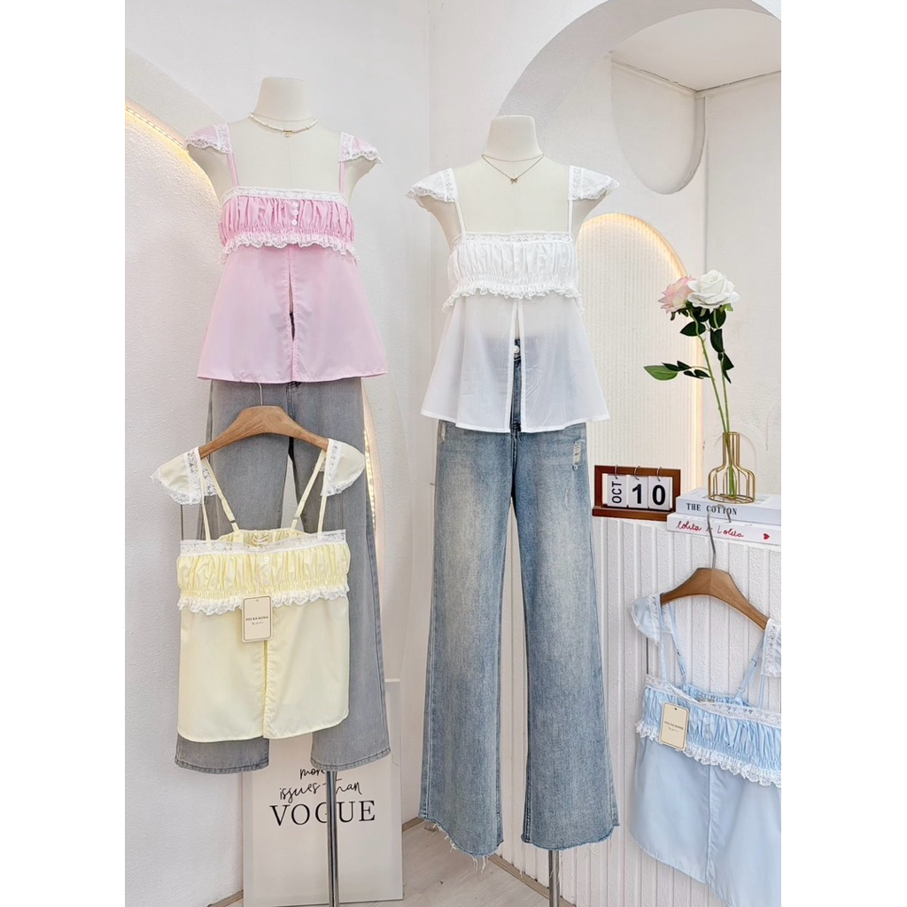 NN745 เสื้อสายเดี่ยวผ่าหน้า แต่งขอบลูกไม้ Peekanong🌷