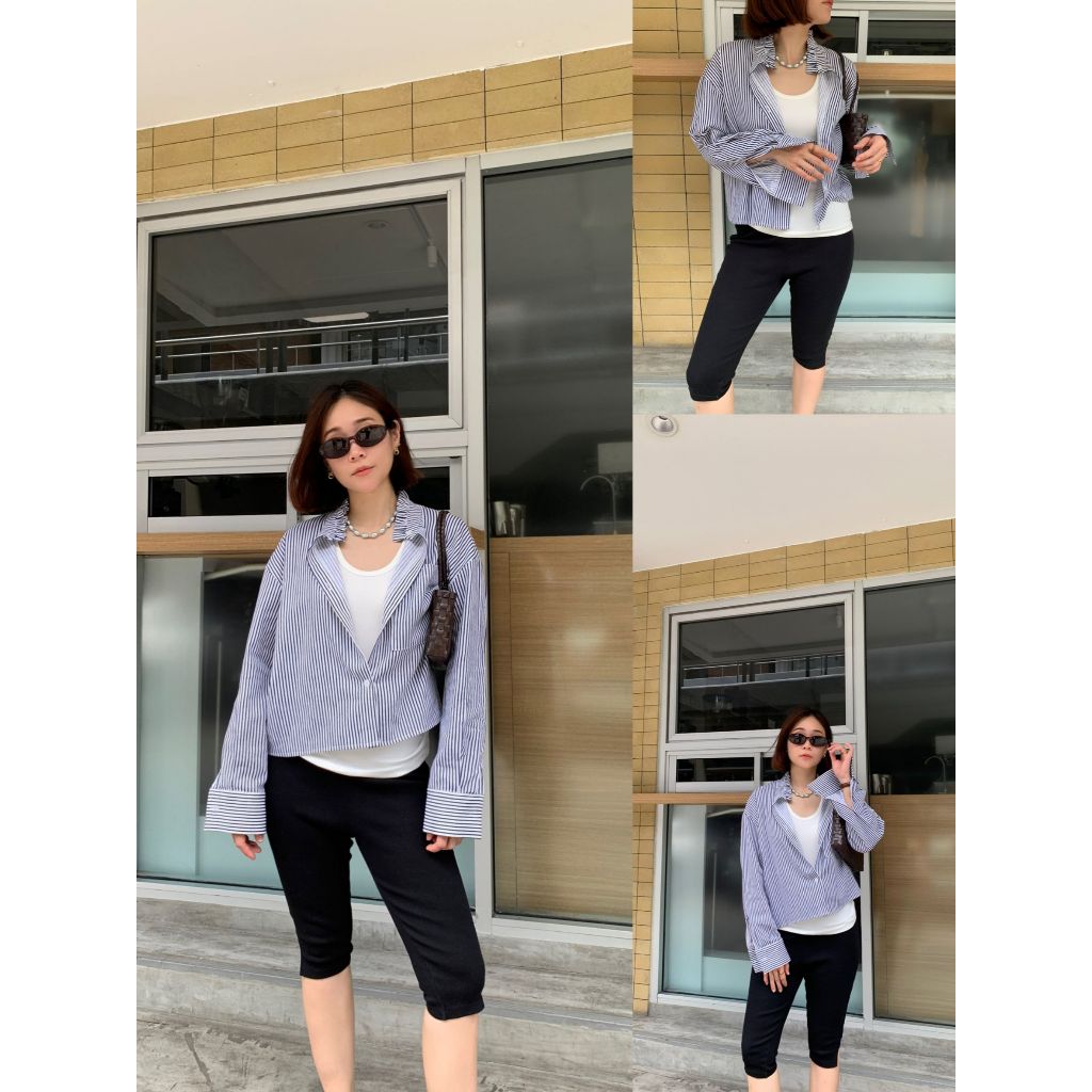 •CHARLOTTE• CLT 33213 เชิ้ตดีเทลปกระบาย ความยาวกำลังดี ผ้าลายทาง ใส่เป็นเสื้อคลุมแบบลุคนี้ก็ได้